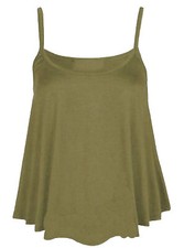  WOMENS PLAIN SWING VEST SLEEVELESS TOP STRAPPY CAMI LADIES FLARED UK 8-26