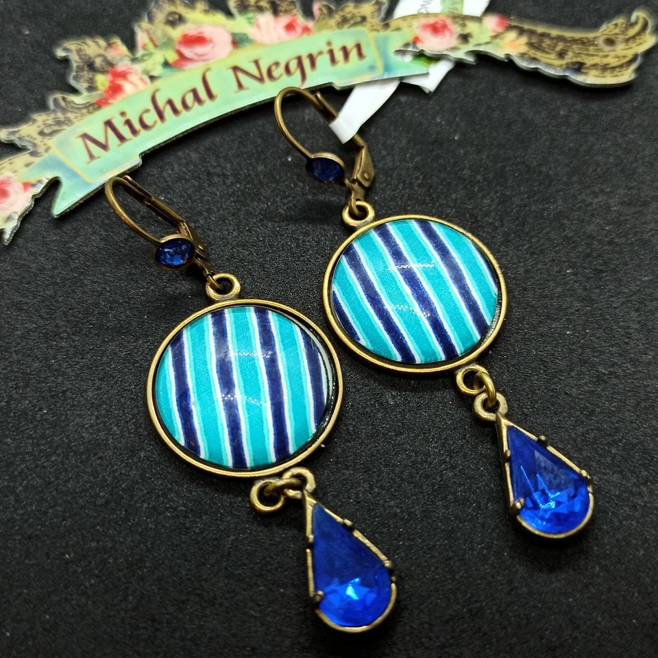 Pendientes Michal Negrin Largos Redondos Azul Aro Lágrima Gota Cristal Firmado Regalo Nuevo  Foto 2 de 4
