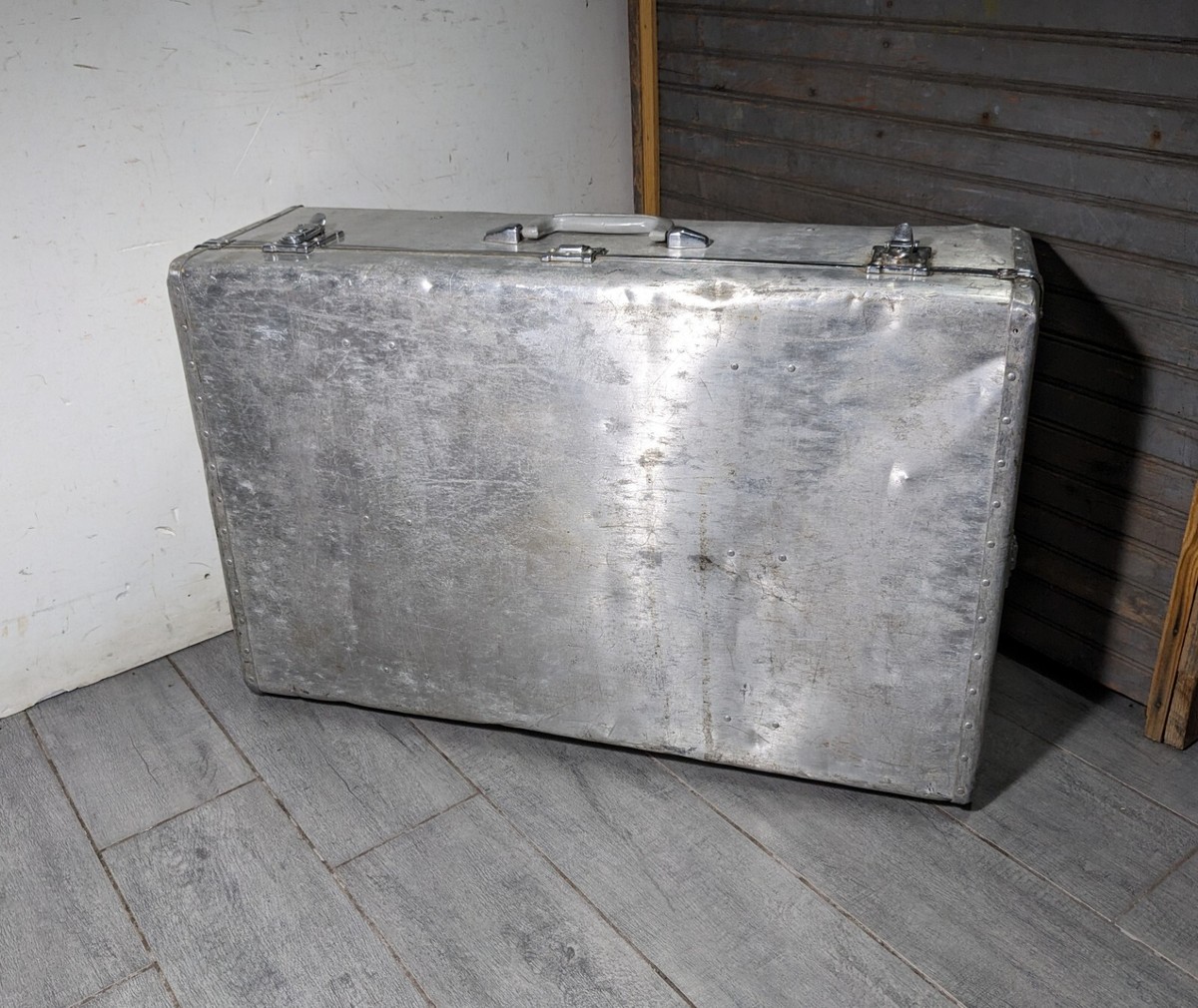 Vintage Machine Age Industrial Riveted Aluminum Travel Suitcase