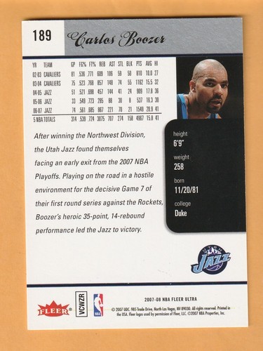 Carlos Boozer Utah Jazz 2007-08 Ultra SE #189 Duke Blue Devils 14A - Picture 2 of 2