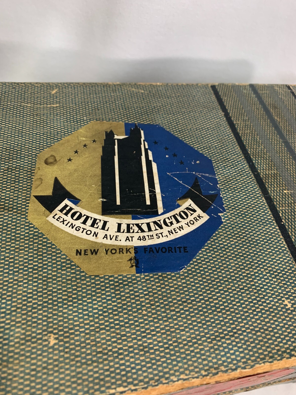 1930's Composite DOLL TRUNK Brass Knuckle Corners Pin Stripe pattern 13"x8"x8"