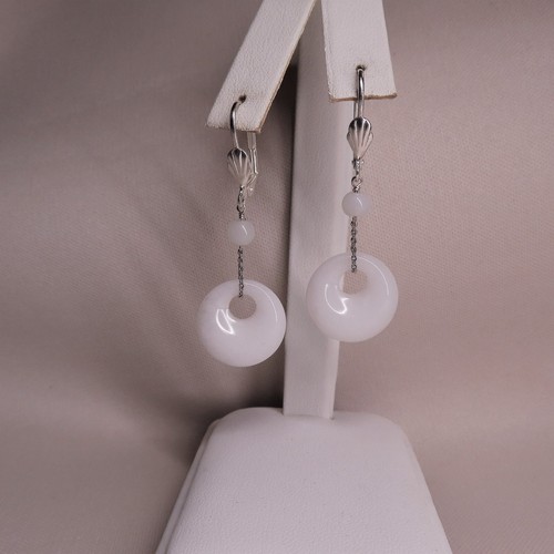 Chinese White Translucent Jadeite Jade Sterling Silver Dangle Leverback Earrings - Picture 5 of 11