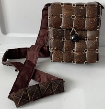 Vintage Coconut Shell Brown Strapped Purse Rectangular