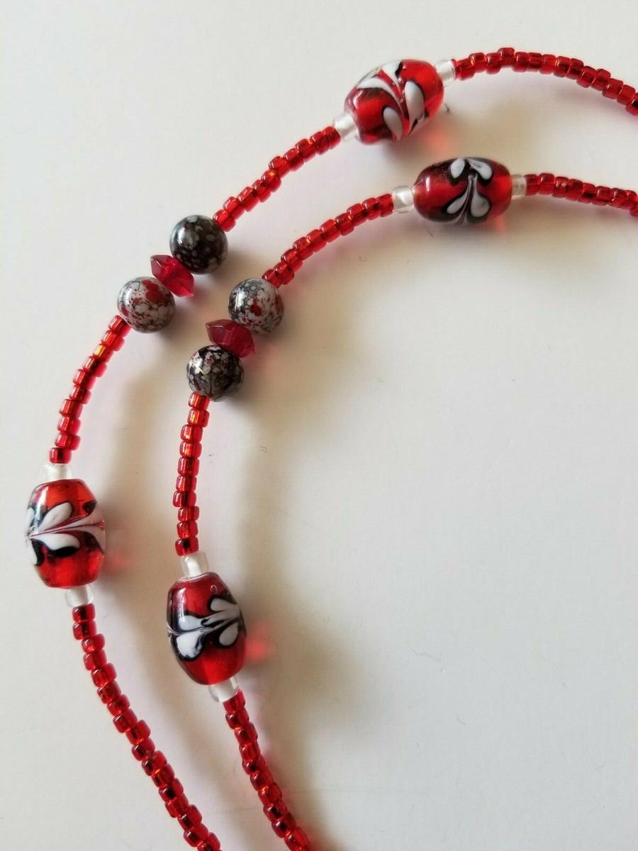 Handmade One Of A Kind Beaded Eyeglass Holder Chain Red w/Red Blk