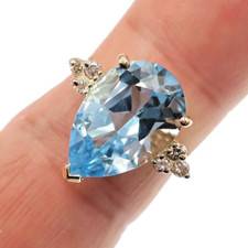 14k Solid Yellow Gold 7ct Natural Blue Topaz Pear Shape Diamond Ring Size 6.25