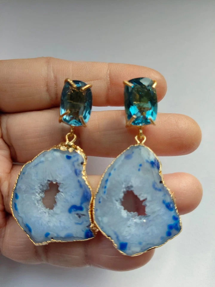 Druzy Slice Earring Hydro London Blue Geode Gold Edge Stud Fashion Jewelry - Image 4 of 4