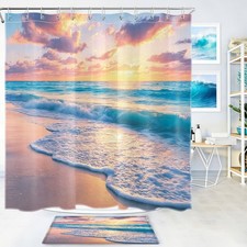 Sunset Landscape Blue Ocean Beach Coastal Shower Curtain Set for Bathroom Decor