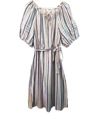 Kate and Lily Midi Dress Puff Half-Sleeve Tie Neck Fabric Belt Blue Stripes - 1X