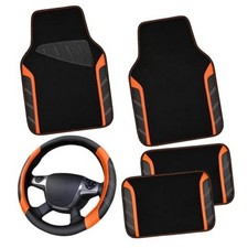 Leather Steering Wheel Cover and Waterproof Car Floor Black Orange