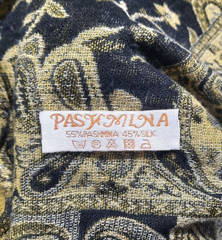 De colección 55% Pashmina Cachemira 45% Seda Chal Envolvente Bufanda Negro Dorado Cachemira 80" Foto 4 de 4