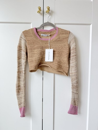 Acne Studios XS Brown Pink Asymmetric Cropped Rib-Knit Metallic Sweater