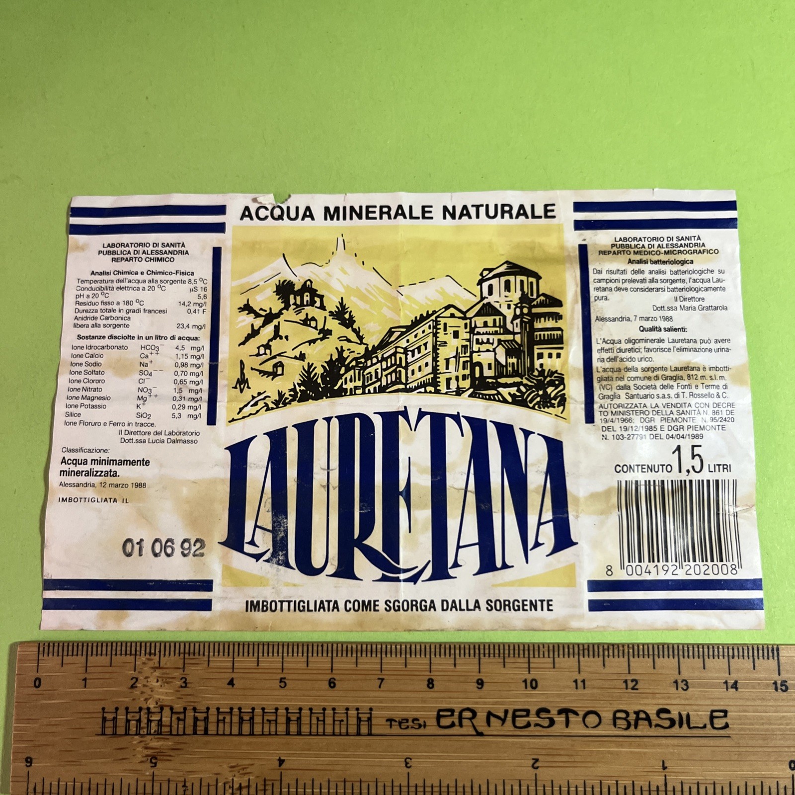 ACQUA MINERALE NATURALE DEL 1992 ALESSANDRIA LAURETANA - ETICHETTA  COLLEZIONE