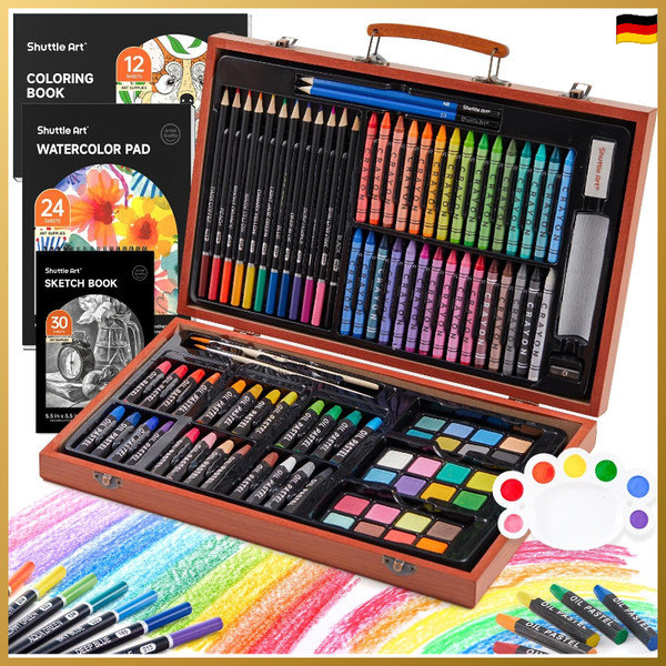 Malkoffer 106-Teilig Deluxe Mit Buntstiften Aquarellfarben Holz Geschenkset-image