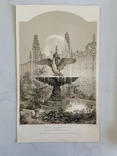 Antique Victorian Print – 1851 Fountain and Ornamental Gates in Cast Iron 