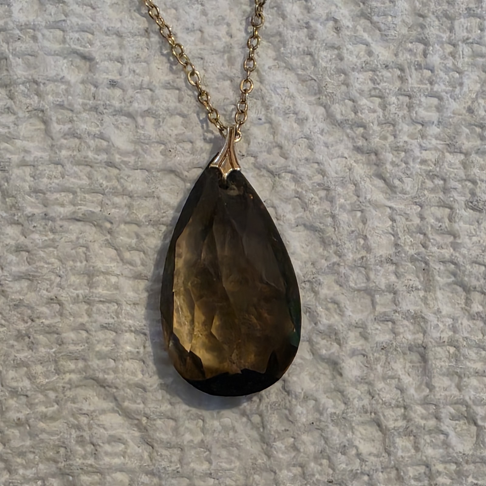 Vintage Smokey Quartz Pendant With Gold Tone Chain Necklace