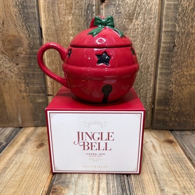 POTTERY BARN JINGLE BELL LIDDED MUG LARGE 22 OZ COCOA SOUP TEA FESTIVE CHRISTMAS