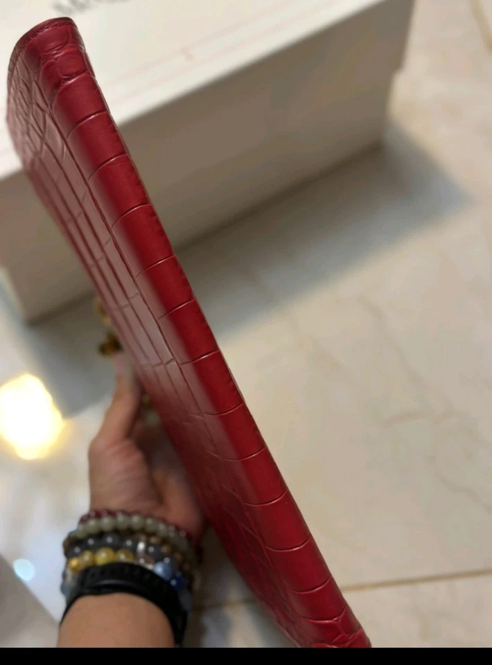 Alexander McQueen Red Croc Embossed Leather Jeweled Skull Knuckle Clutch - Image 2 of 4