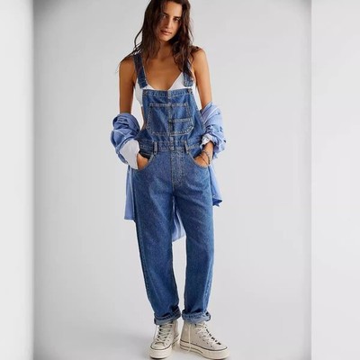 Women's loose denim overalls (elastic straight leg wide leg, fashionable style)