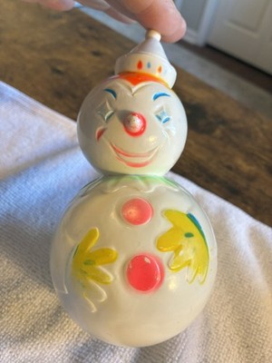 Vintage Hong Kong Plastic Roly Poly Rattle Wobble Clown Baby Toy 6''