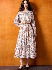 Autumn New Retro 100% Cotton Printing Floral Loose Long Dress Women Long Sleeve