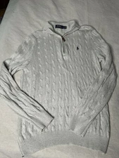 Polo Ralph Lauren Sweater Mens Large Grey Cable Knit Quarter Zip B19 Worn