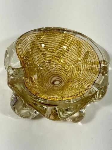 VTG BAROVIER Murano Zebrati Art Glass Bowl Gold Aventurine Italy