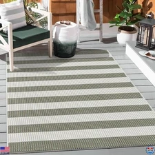 Boho Striped 3x5 Outdoor Rug, Washable Cotton Hand Woven Front Porch Mat Green