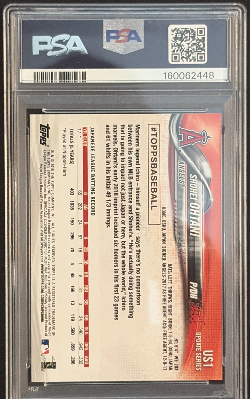 2018 Topps Update Series - Shohei Ohtani #US1 Pitching PSA 10 view 2