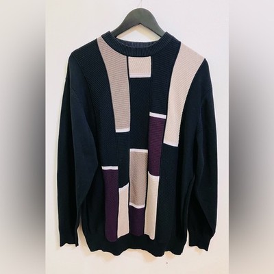 Vintage Protege Colorblock Cotton Blend ''Cosby'' Sweater in Black and Beige XL