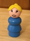 Vintage Fisher Price Little People woman – Wood base Figure Blond Hair Blue