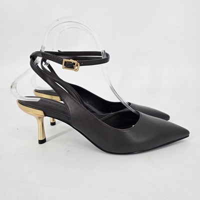 Charles & Keith D'Orsay Brown Leather Ankle Strap Pumps Point Toe Size 37 NEW