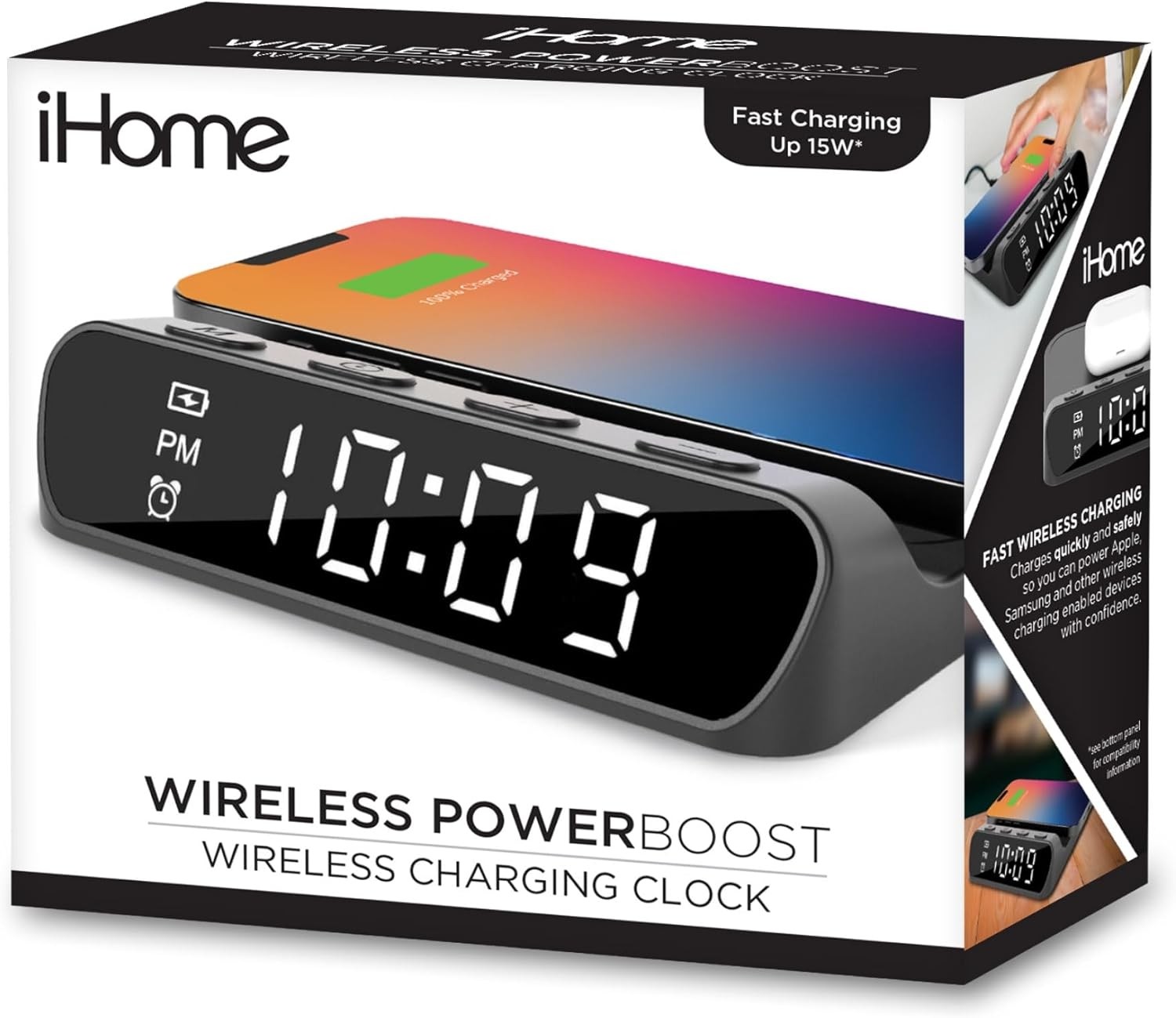 iHome Wireless Digital Alarm Clock with Charging Pad 15W Black iW14B