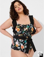 Torrid Floral Tie Front Wireless Bandeau One Piece Swimsuit Black Size One NWT