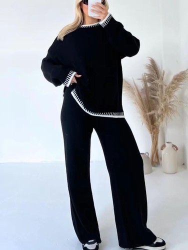 Damas Tejido Cosido Pierna Ancha 2 PIEZAS Co-ord Traje Dividido Suéter Ropa de Salón Conjunto - Imagen 1 de 10