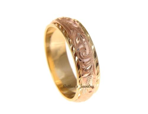 14K YELLOW ROSE GOLD HAND ENGRAVED HAWAIIAN PLUMERIA SCROLL DOUBLE RING 4MM/6MM - Picture 3 of 4