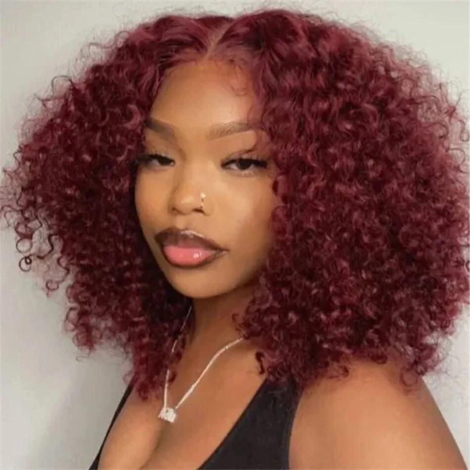 99J Colored Curly 13x4 Lace Front Human Hair Wigs Remy Cut Bob Wigs Pre Plucked