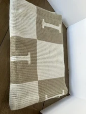 Butterscotch Blankees Tan ivory Checked Initial XL Blanket Letter "I"