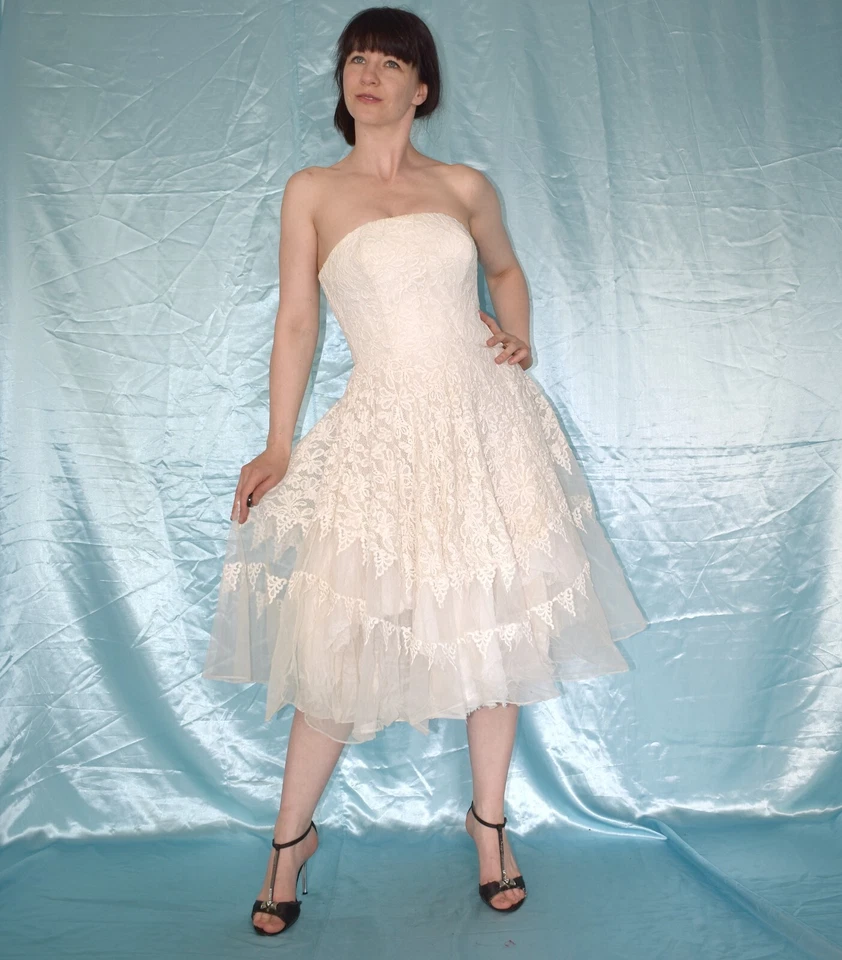 Trägerloses Spitzen Brautkleid* XS * Hochzeitskleid* Vintage Ballkleid Maxikleid - Bild 2 von 4