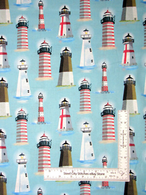 Lighthouse Fabric Nautical Beach Digital Cotton Timeless Treasures CD1294 Yard