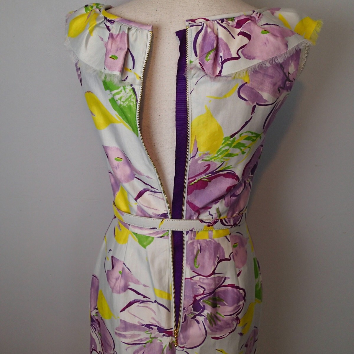 kate spade purple floral dress Kate Spade Dress 4 belt Floral Sleeveless white purple yellow ruffle cotton  silk