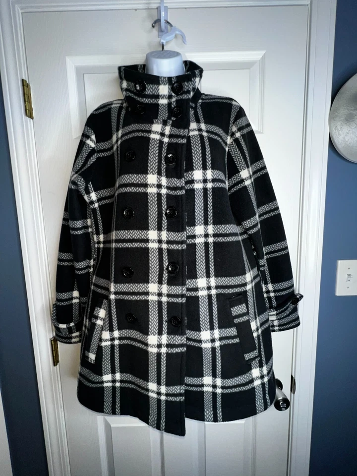 Chaqueta Ike Behar para mujer grande polar a cuadros chaquetón a cuadros botón negro blanco L Foto 2 de 4