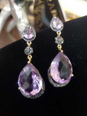 HIRAJULE HUGE Pink Amethyst Black Diamonds Drop Earrings