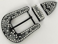 BELT BUCKLES 3pc Buckle Set Rhinestones Western Scroll Black Gray 1.5" NWOT 