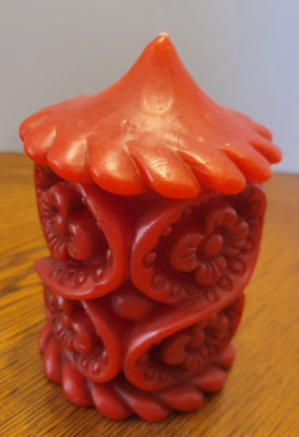 Vintage Red Floral Motif Sculptured Carved Gothic Wax Pillar Candle 5.5'' Tall
