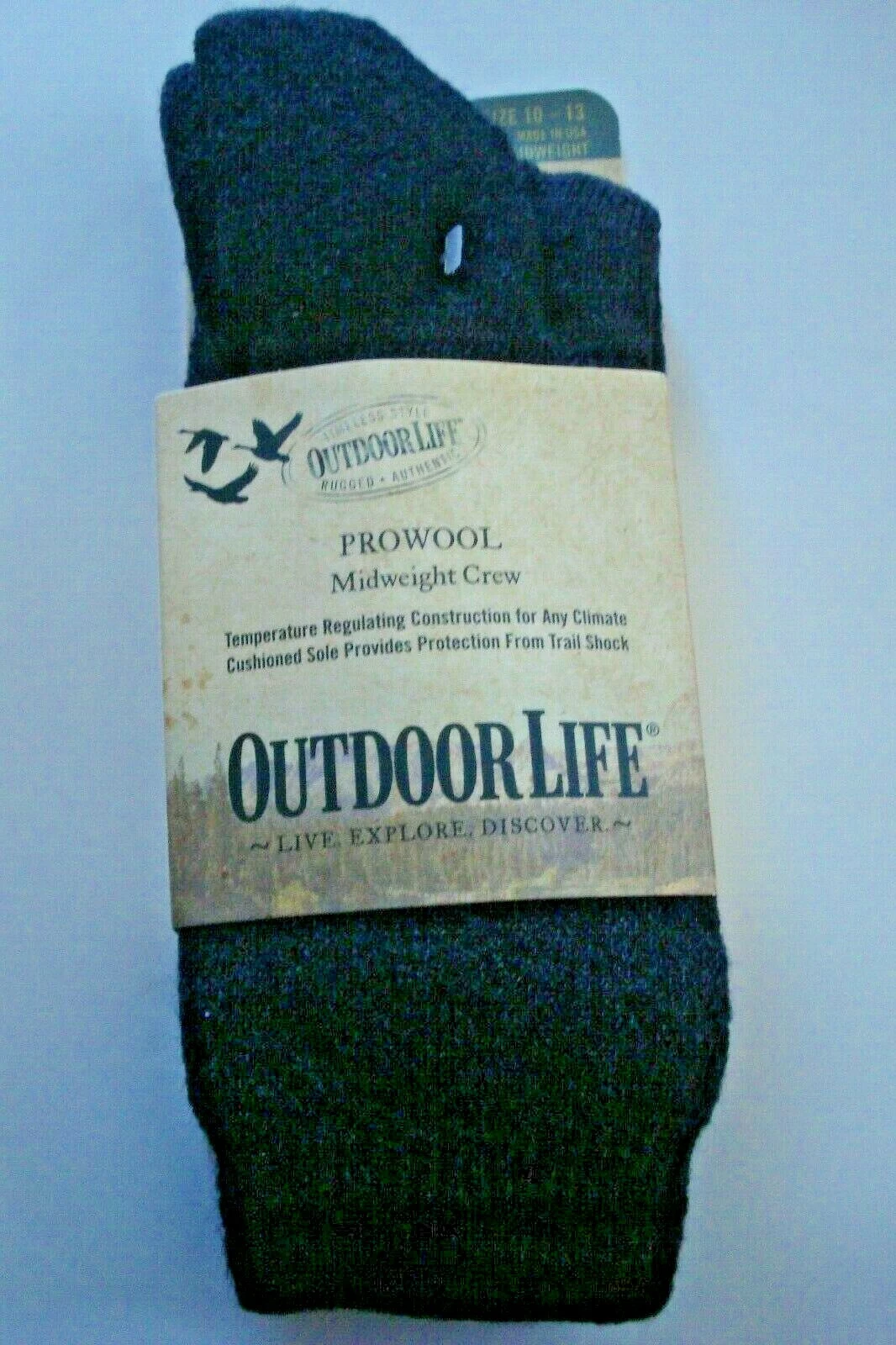 Mens Socks Gray Prowool Outdoor Life Crew Size Large ( 10-13) 2 Pack USA NWT