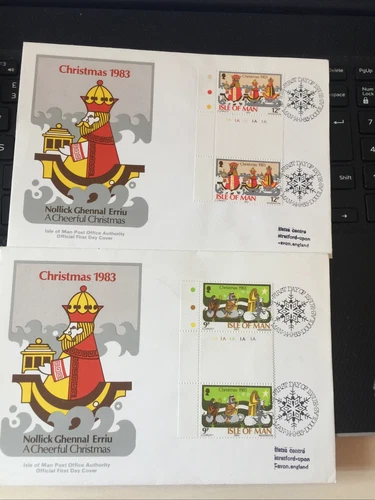 GB ISLE OF MAN FDC 2 FIRST DAY COVERS CHRISTMAS 1983 Gutter Pairs