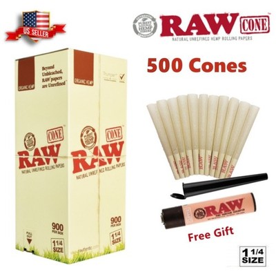 Authentic RAW Organic 1 1/4 Size Pre-Rolled Cones 500 Pack & Tube & Lighter