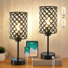 Touch Control Table Lamp, Black Crystal Table Lamps Set of 2 with 2 USB Charg...