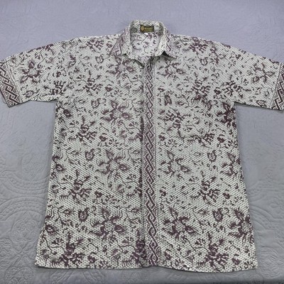 Batik Normalia Shirt Mens Large Purple White Short Sleeve Button Down Pekalongan