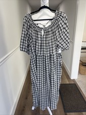 Old Navy Womens XL Plaid Maxi Dress Black White Pockets Scoop Neck Prairie NEW